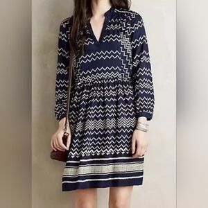 Anthropologie Holding Horses Farica Chevron Print Navy Beige Shirt Dress Sz M
